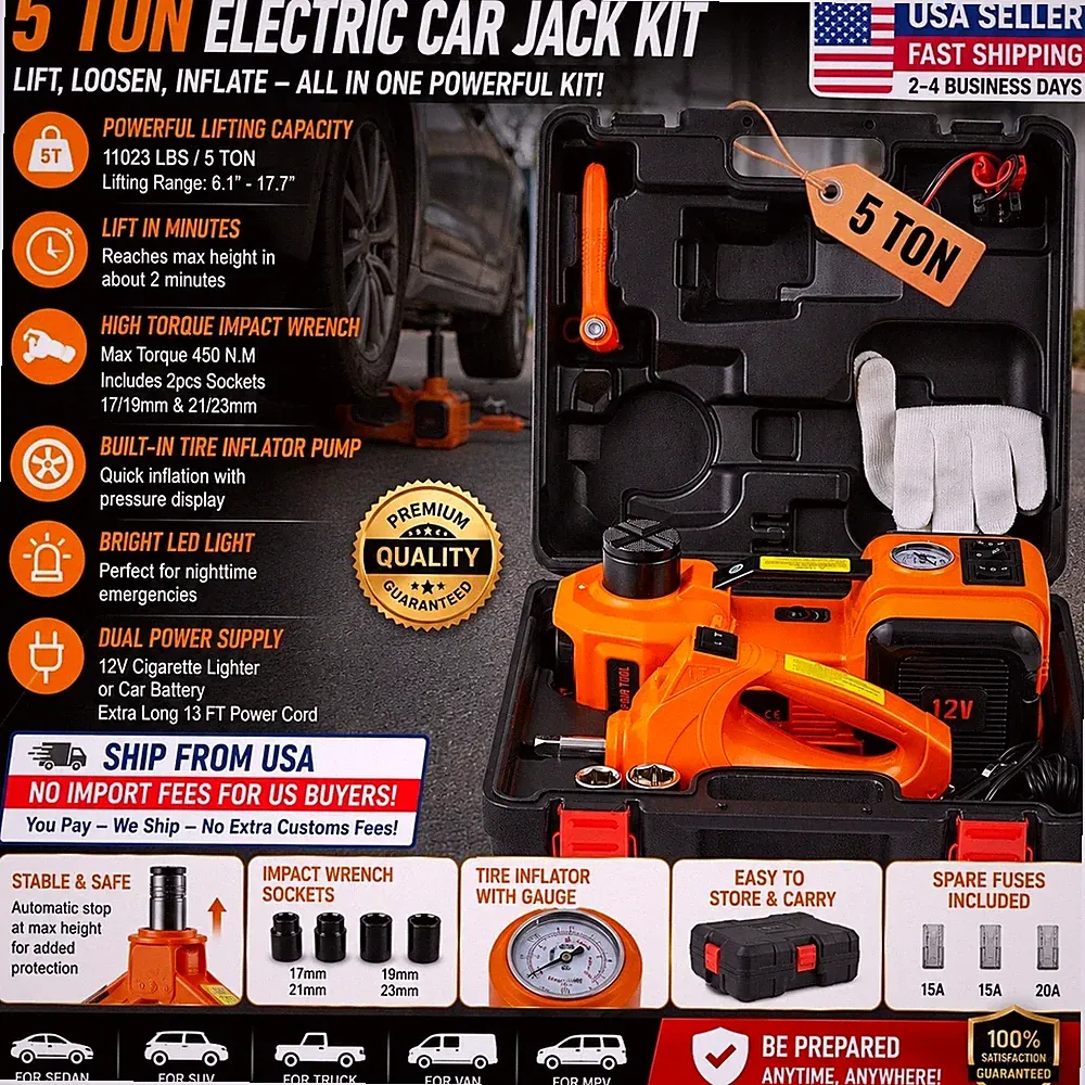 5 Ton Electric Car Jack Kit Hydraulic Lift Impact Wrench Air Compressor LED for