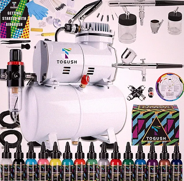 Airbrush Kit with 1/6 HP Quiet Compressor 3L Tank & 15 Paint