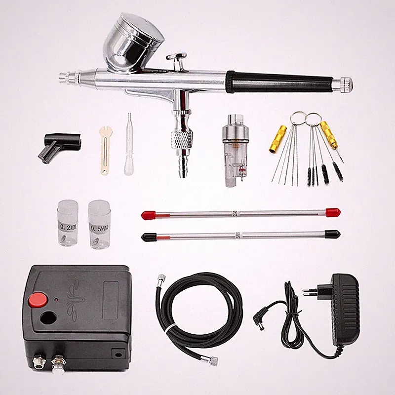 Dual-Action Airbrush Spray Gun Kit with Compressor–0.3mm for Nail,Model&Car