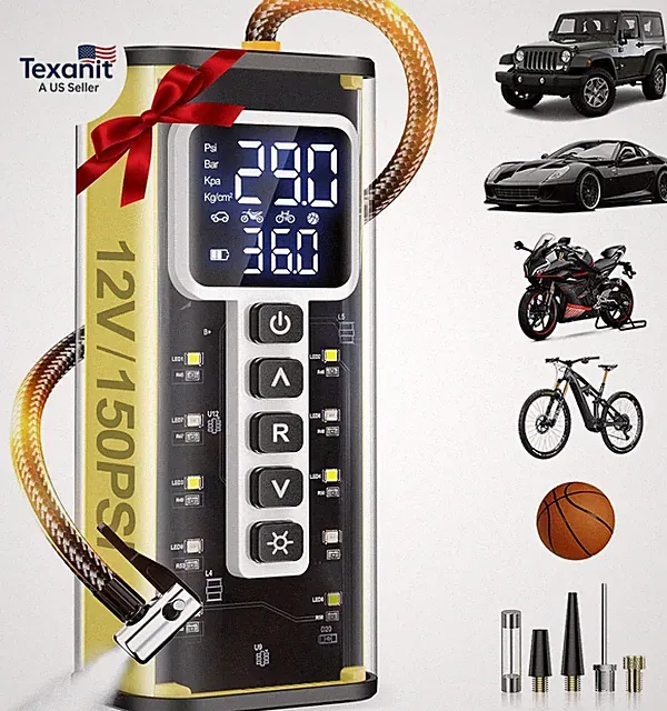 Tire Inflator Portable Air Compressor, 150 PSI Air Compressor for Car Tires, Por